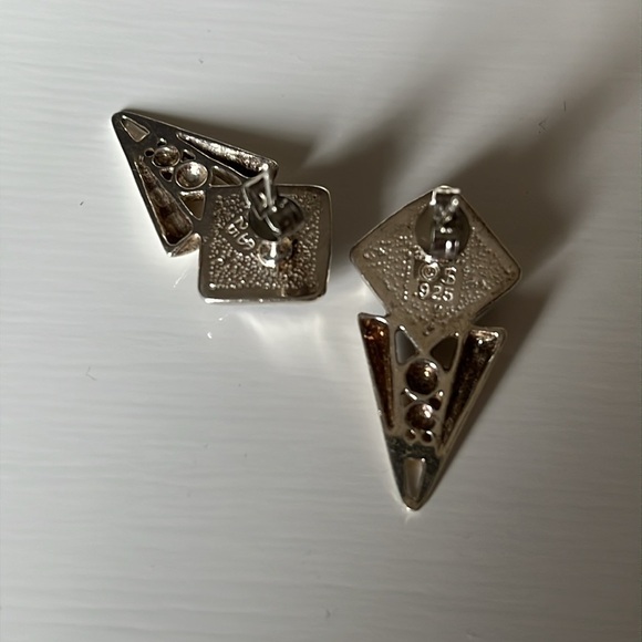 Vintage Lapis Lazuli Blue Sterling Silver Triangle Geometric Earrings - Picture 7 of 12